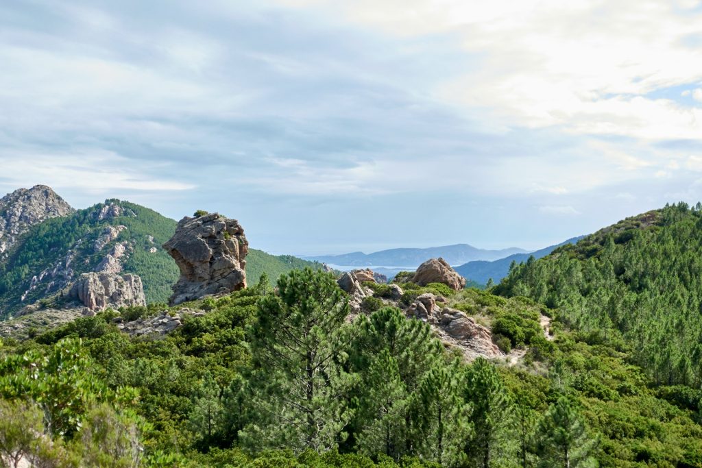 Sentier de randonnée entre maquis et rochers de granit dans l’arrière-pays de Porto-Vecchio, en Corse du Sud