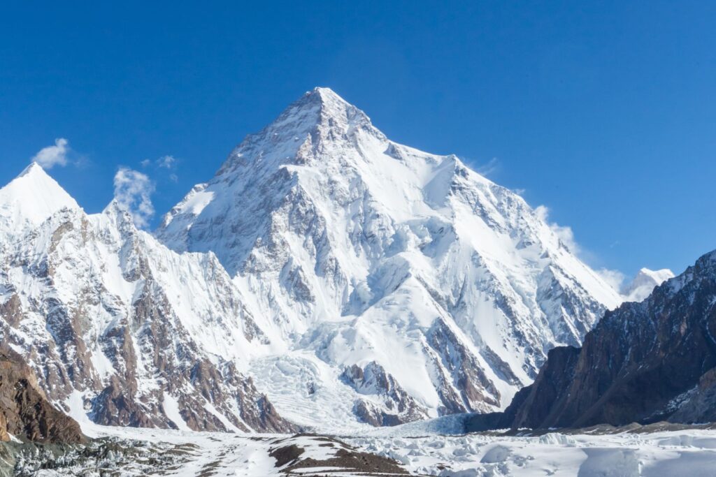 Camp de base du K2 avec tentes d’expédition sur le glacier au pied du sommet