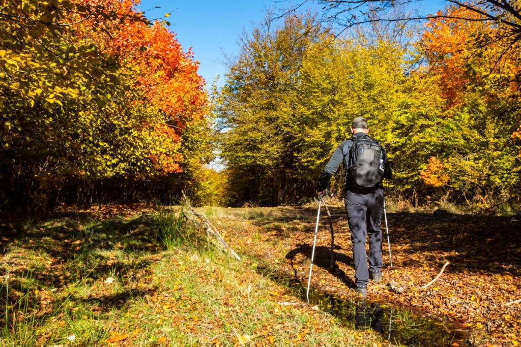 Sac à dos de randonnée avec sacs étanches, guêtres et chaînes antidérapantes pour l’automne