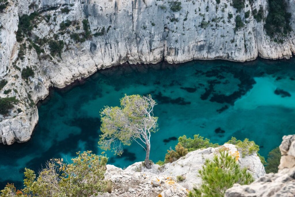Falaises calcaires et plage de galets de la calanque d’En-Vau près de Cassis