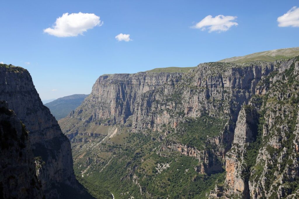 Rochers calcaires polis et végétation dans le lit des gorges de Vikos