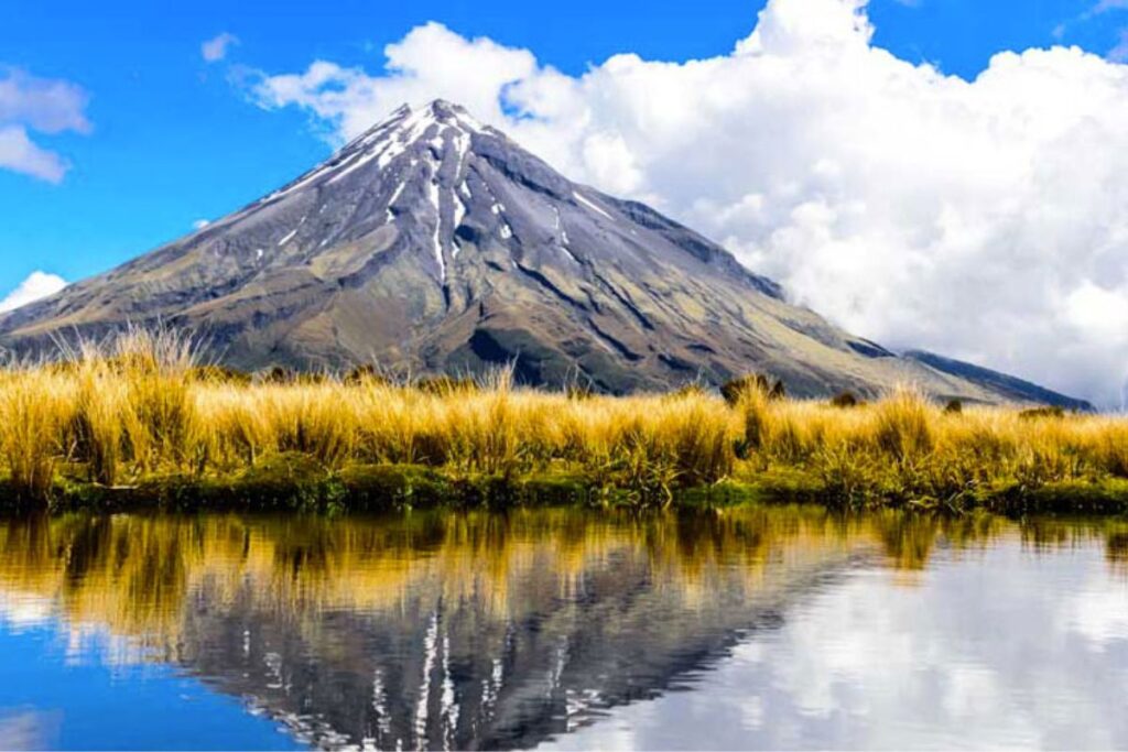 Cône enneigé du mont Taranaki au-dessus de la forêt, côte ouest de l’île du Nord en Nouvelle-Zélande