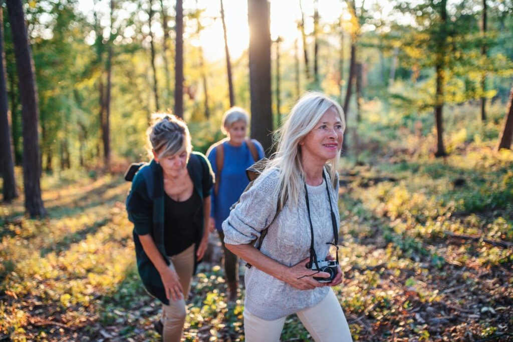 Randonneurs seniors dans un paysage de landes et de montagnes des Highlands écossais