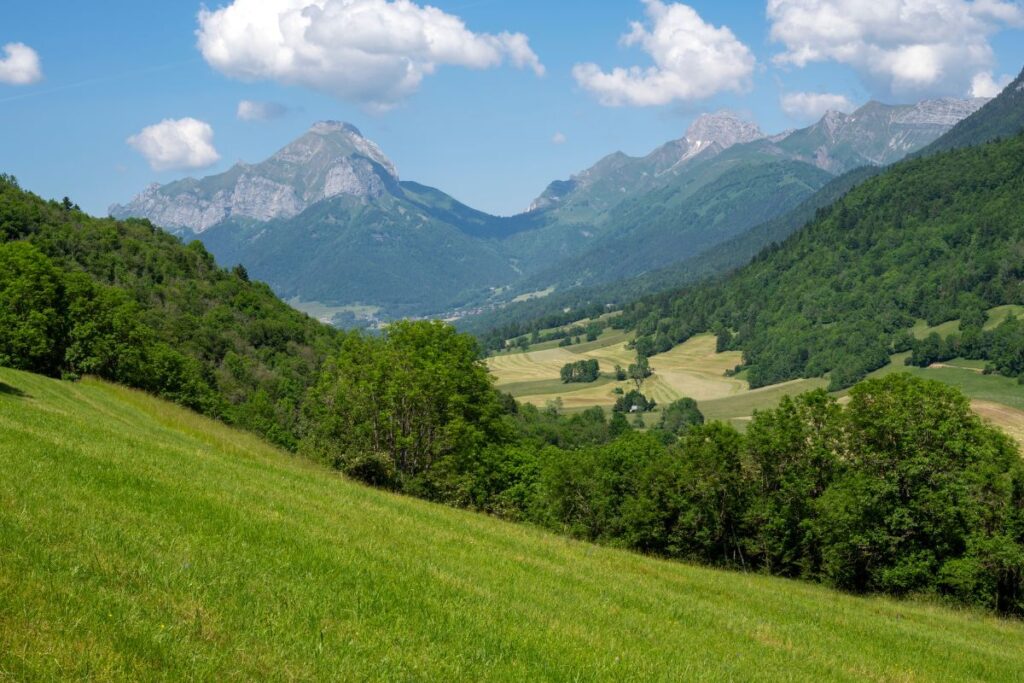 Randonneurs sur un sentier d’alpage verdoyant dans le massif des Bauges, en Savoie
