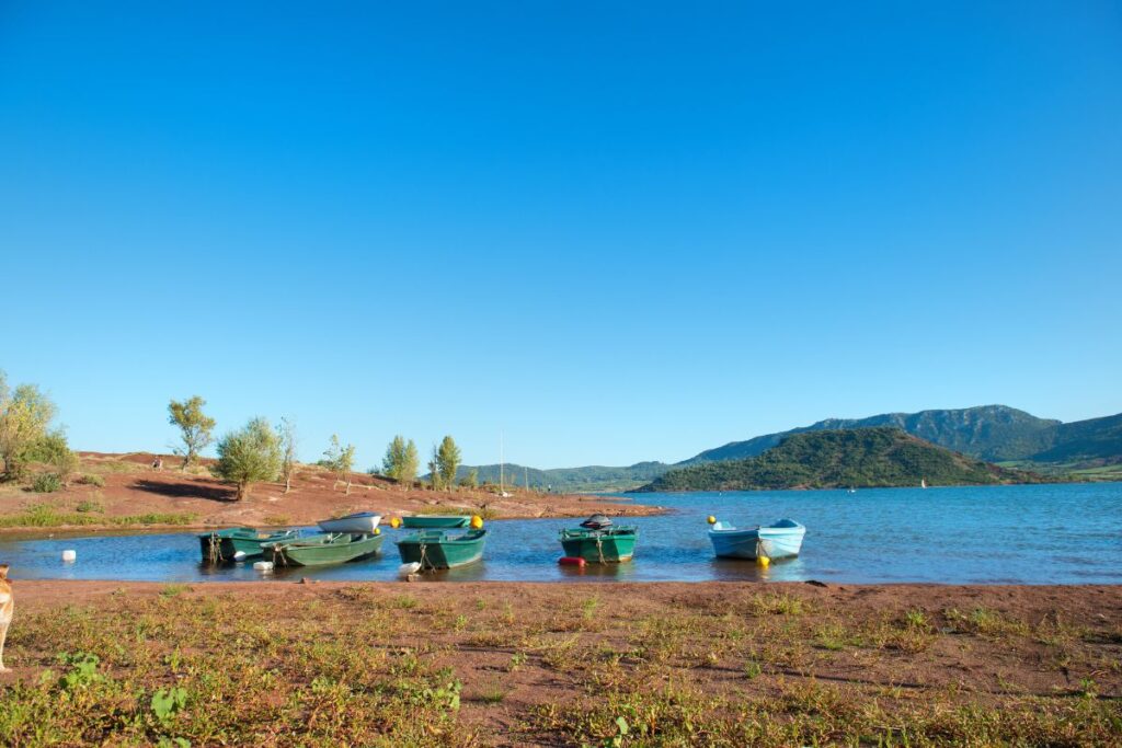Rive du lac du Salagou avec végétation méditerranéenne et ruffes rouges