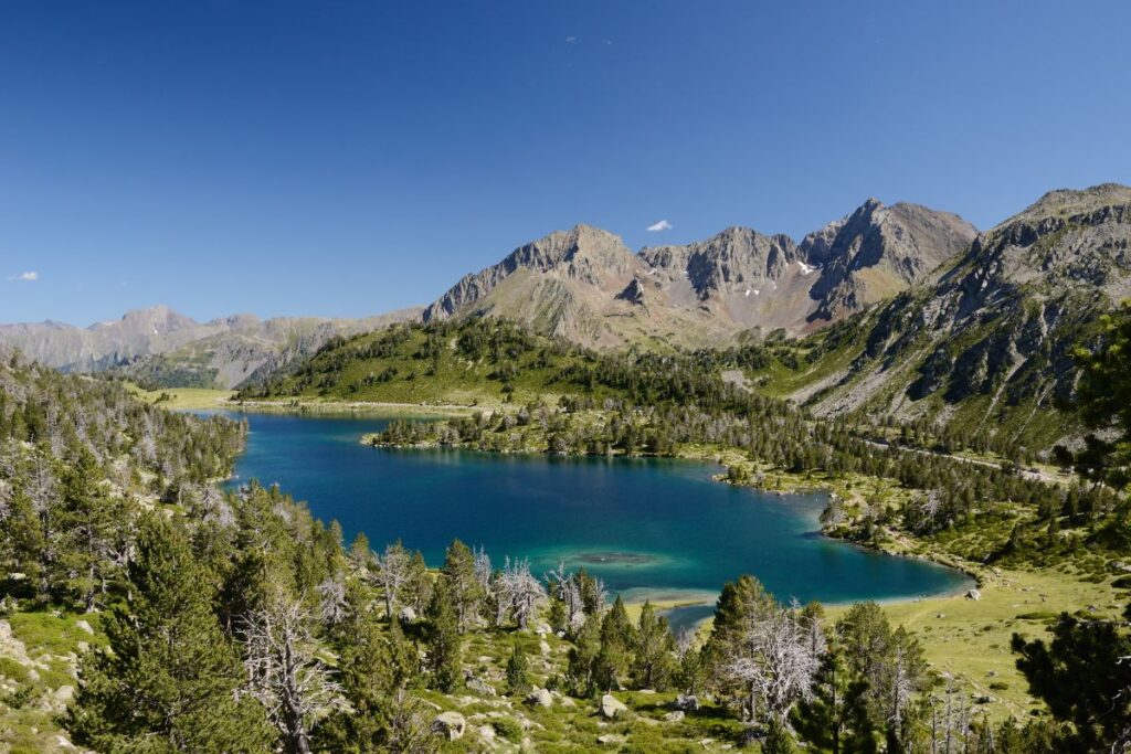 Sentier de randonnée montant entre pins à crochets et rochers au-dessus du lac d’Orédon