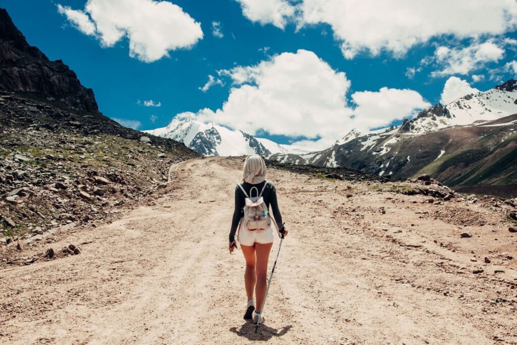 Sommets enneigés et glaciers des Alpes françaises vus depuis un col sur un sentier de grande randonnée