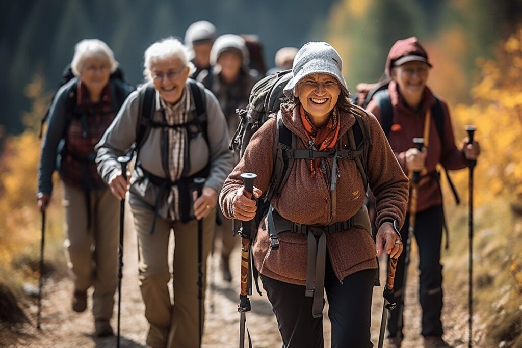 Groupe de marcheurs seniors avec sacs à dos sur un sentier ensoleillé en campagne