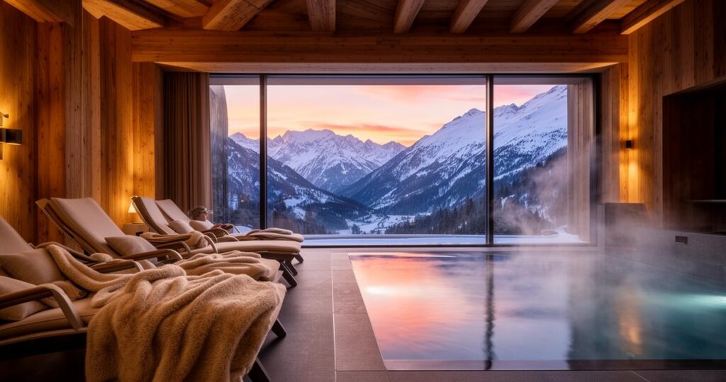Espace spa d’un hôtel de montagne avec piscine intérieure et vue sur les sommets enneigés